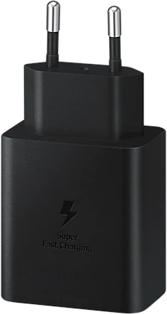 Black Super Fast Charging adapter with two prongs for European outlets.