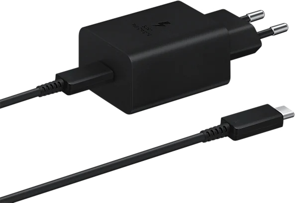A black Samsung charger with a cable and a USB-C connector.