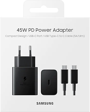 Black Samsung charger with cable and adapter on white background.