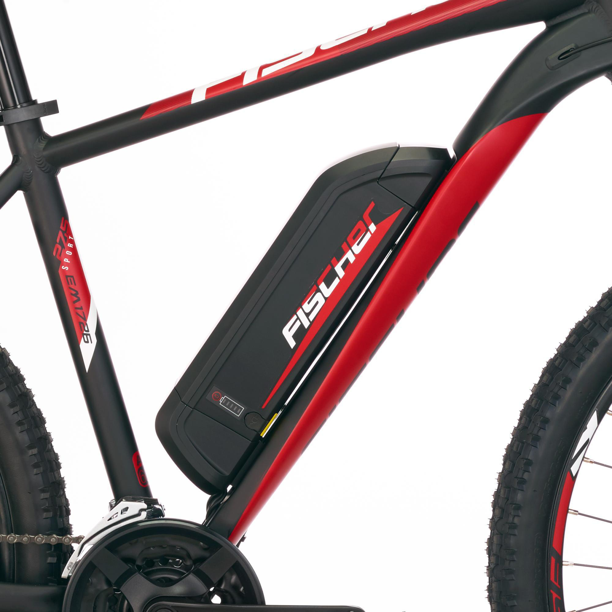 Schwarzer und roter E-Bike-Rahmen mit Akku. 'FISCHER'-Logo und rote Akzente sind sichtbar.