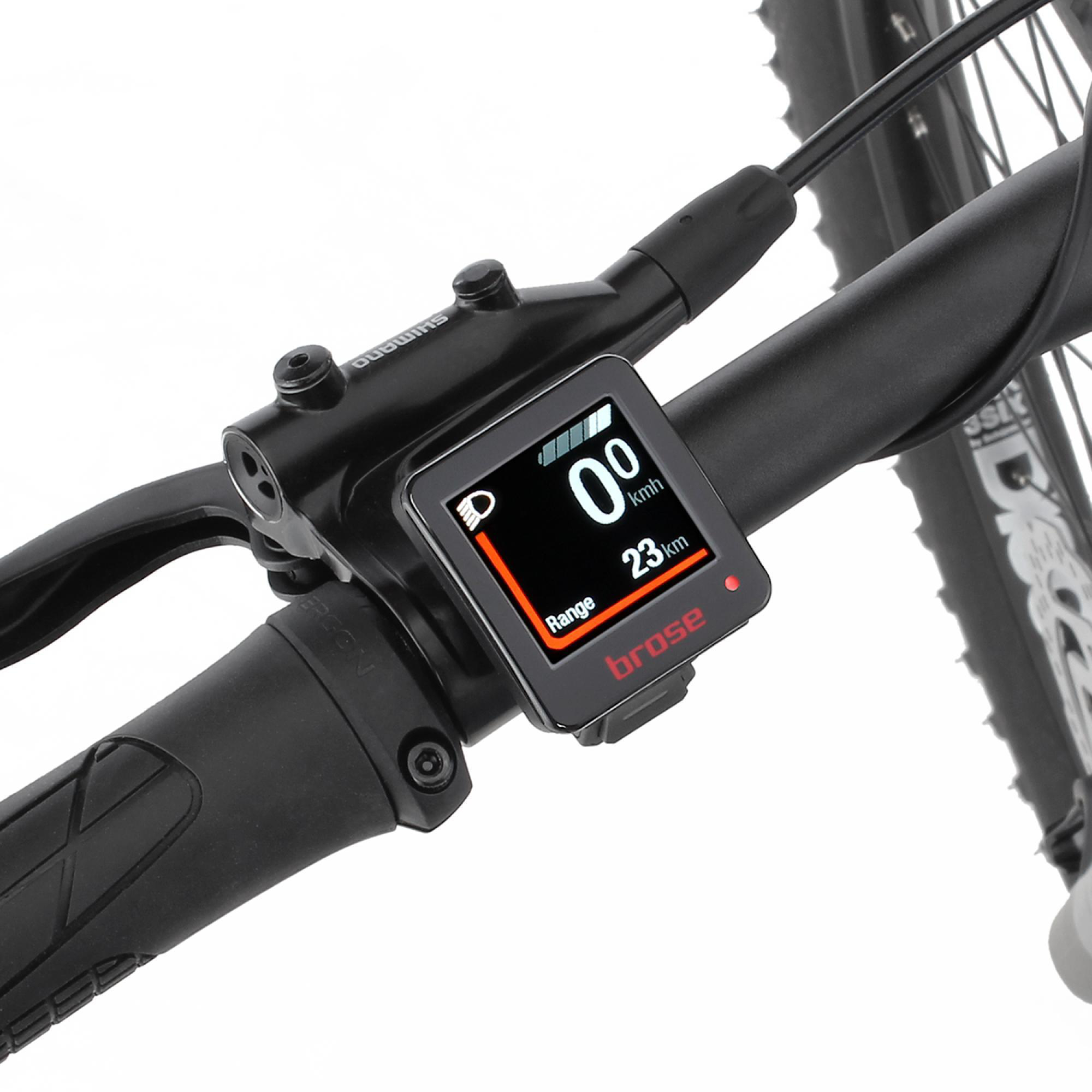 Schwarzer E-Bike-Lenker mit Display, das Geschwindigkeit und Reichweite anzeigt.