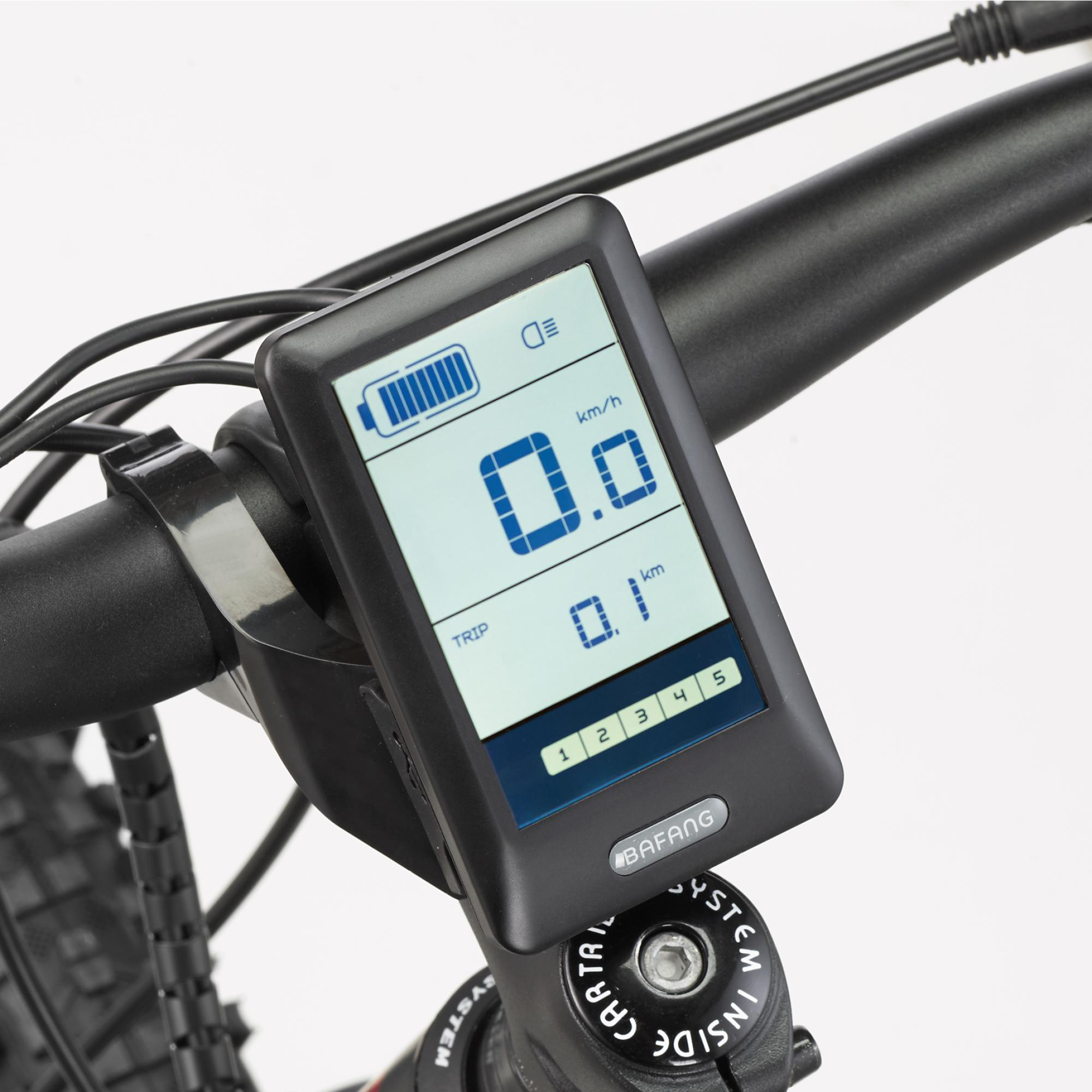 Fahrradcomputer-Anzeige mit Geschwindigkeit, Trip und Akkulaufzeit.