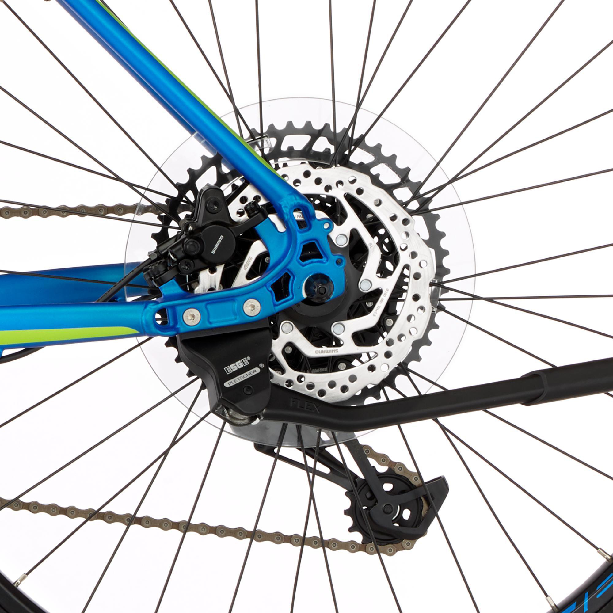 Hinterrad eines blau-schwarzen Fahrrads mit Gängen und Scheibenbremssystem.