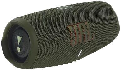 Groene JBL-luidspreker. Zwarte luidsprekergrill met wit uitroepteken. JBL-logo in rood.