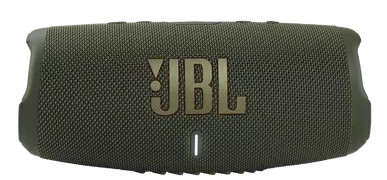 Groene JBL-luidspreker. Het heeft een mesh voorkant en een bedieningspaneel aan de onderkant.