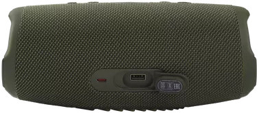 Groene JBL-luidspreker. Poorten en knoppen zichtbaar. Zwart-groen kleurenschema.