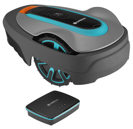 Robot-Rasenmäher mit Ladestation. Es ist grau, schwarz und türkis.