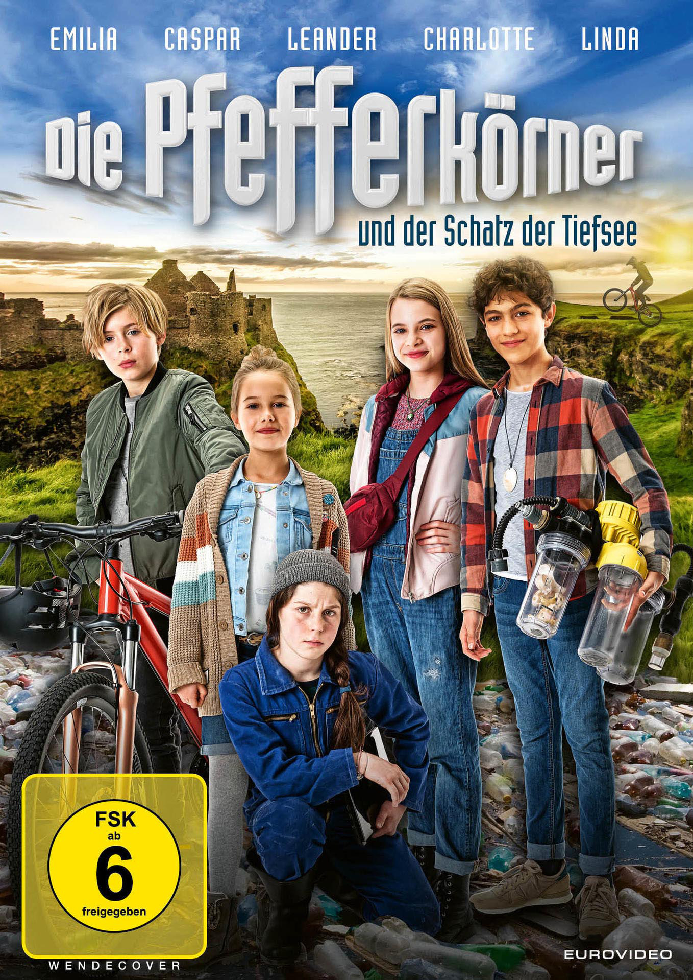 DVD-Cover: Fünf Kinder posieren. Text: Die Pfefferkörner und der Schatz der Tiefsee.