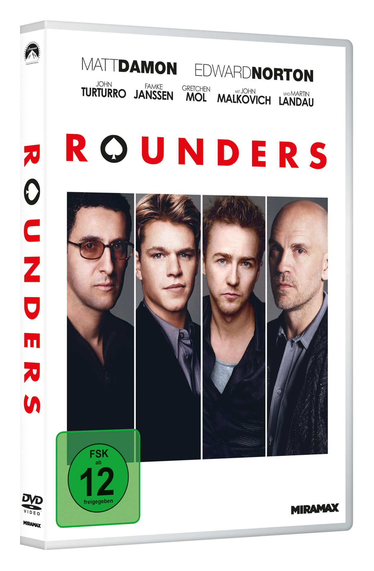 DVD-Hülle mit Filmtitel 'Rounders' und Gesichtern der Schauspieler. Grüner Aufkleber.