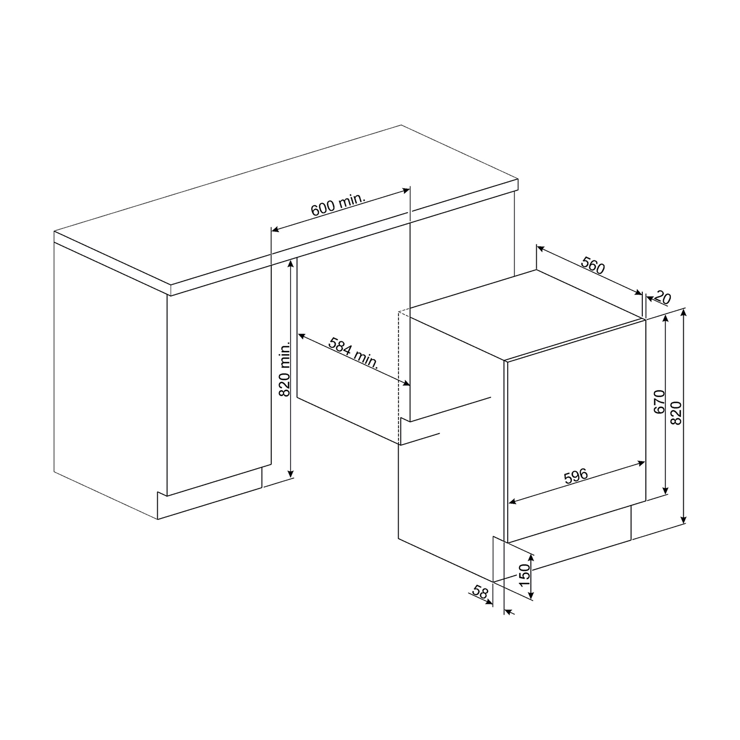 Disegno isometrico di un mobile aperto, che mostra dimensioni e misure.