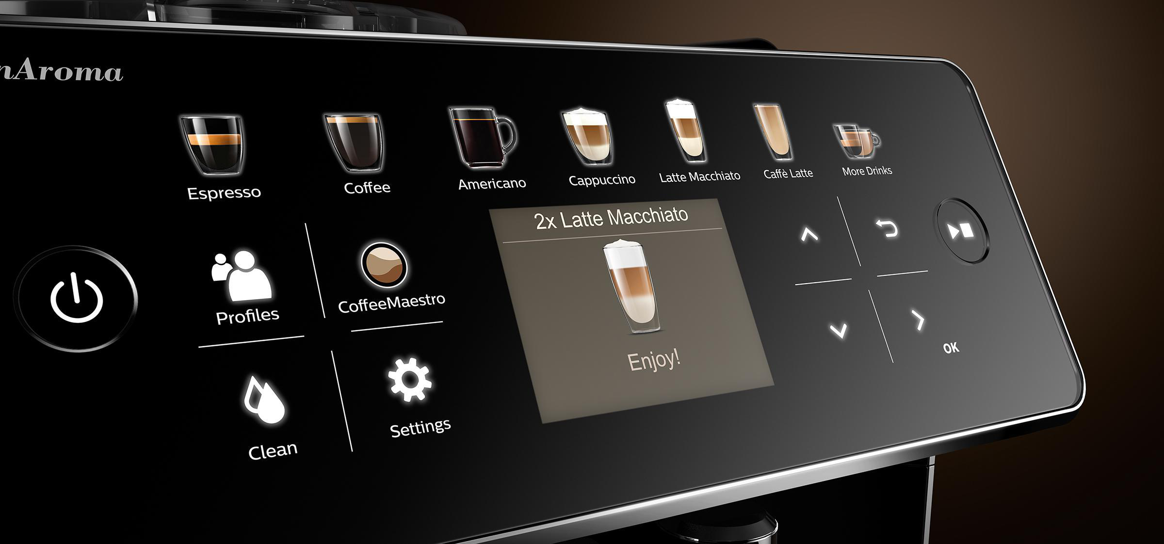 Kaffeemaschinen-Oberfläche mit verschiedenen Kaffeeoptionen und Auswahl 'Latte Macchiato'.