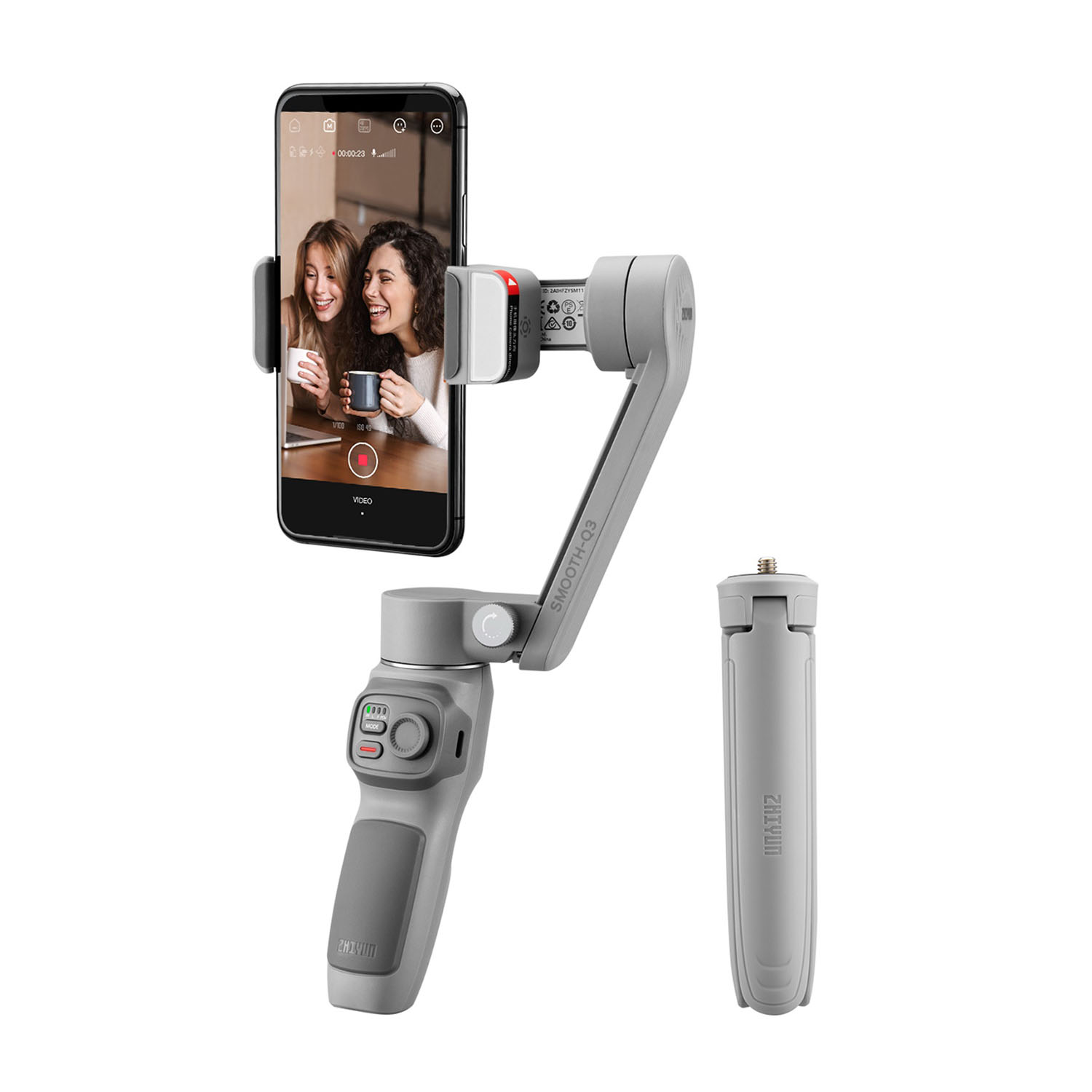 Stabilizzatore per telefono grigio con telefono collegato, che mostra due donne. Treppiede a destra.