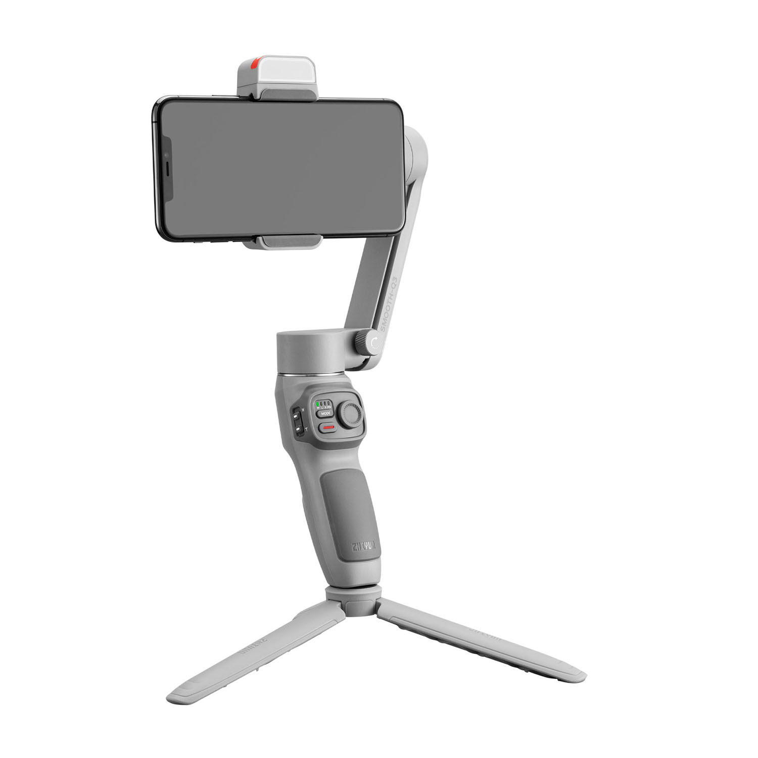 Stabilizzatore gimbal per smartphone grigio con telefono montato e treppiede.