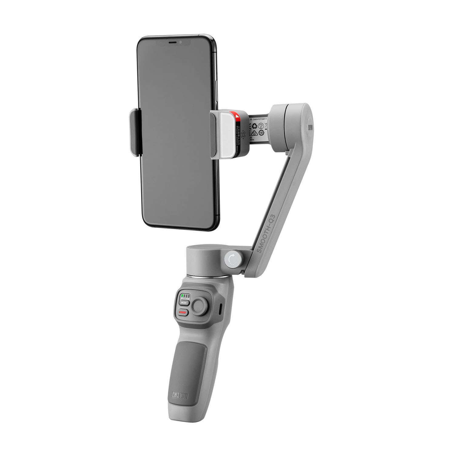 Stabilizzatore per telefono grigio con telefono attaccato, con pulsanti e joystick, su bianco.