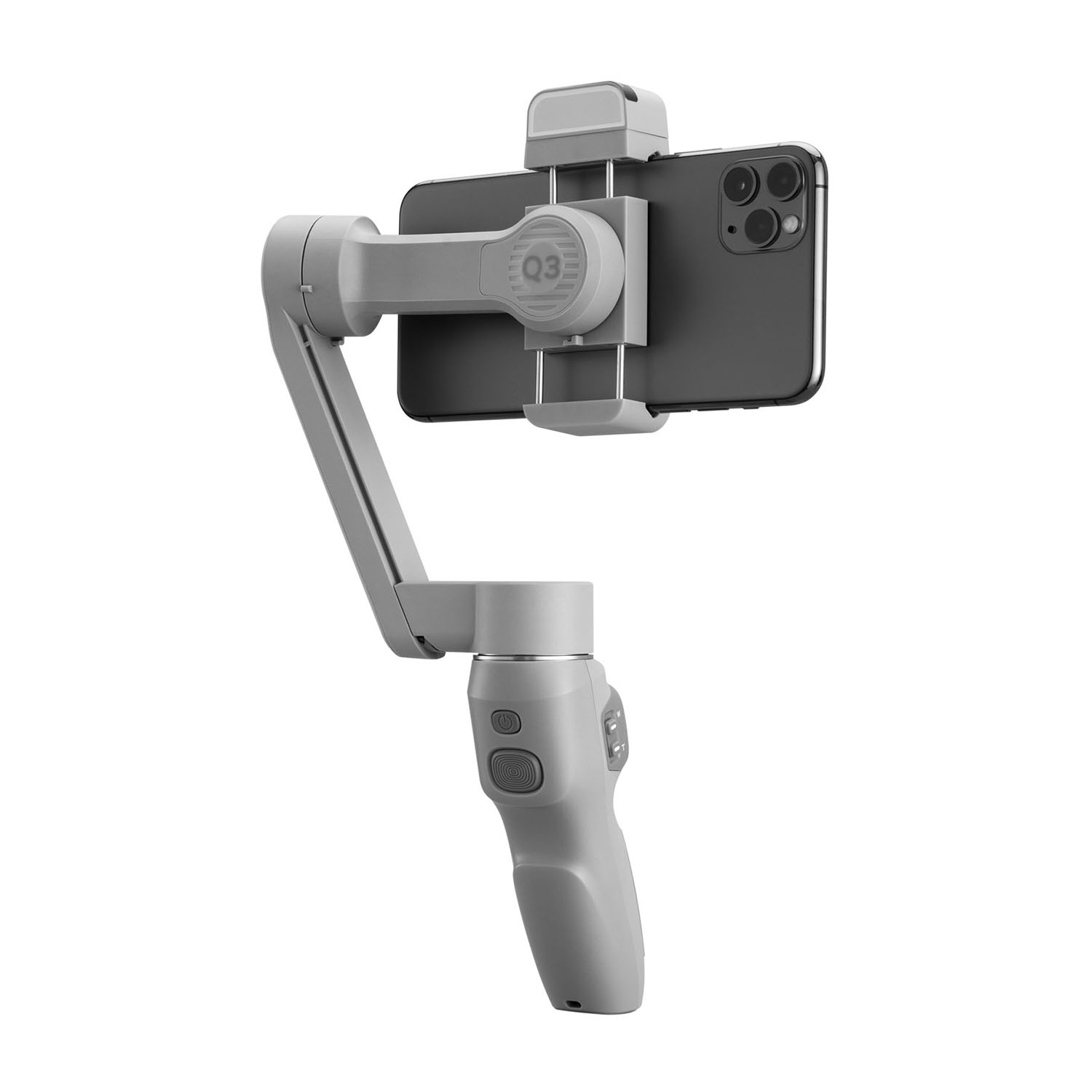 Uno stabilizzatore per telefono grigio che tiene un telefono, con un pulsante sull'impugnatura.