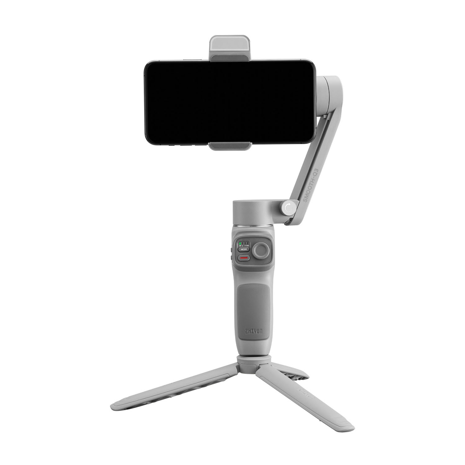 Uno stabilizzatore per smartphone grigio. Un telefono è collegato. Ha tre gambe. Sfondo bianco.