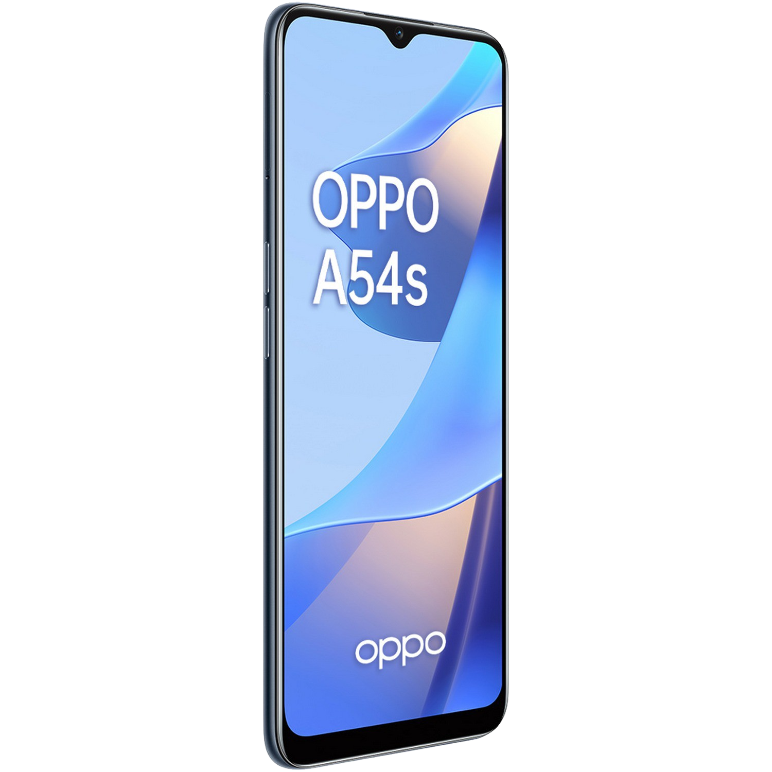 Teléfono Oppo A54s azul sobre fondo negro. La pantalla muestra el logotipo y texto de Oppo.