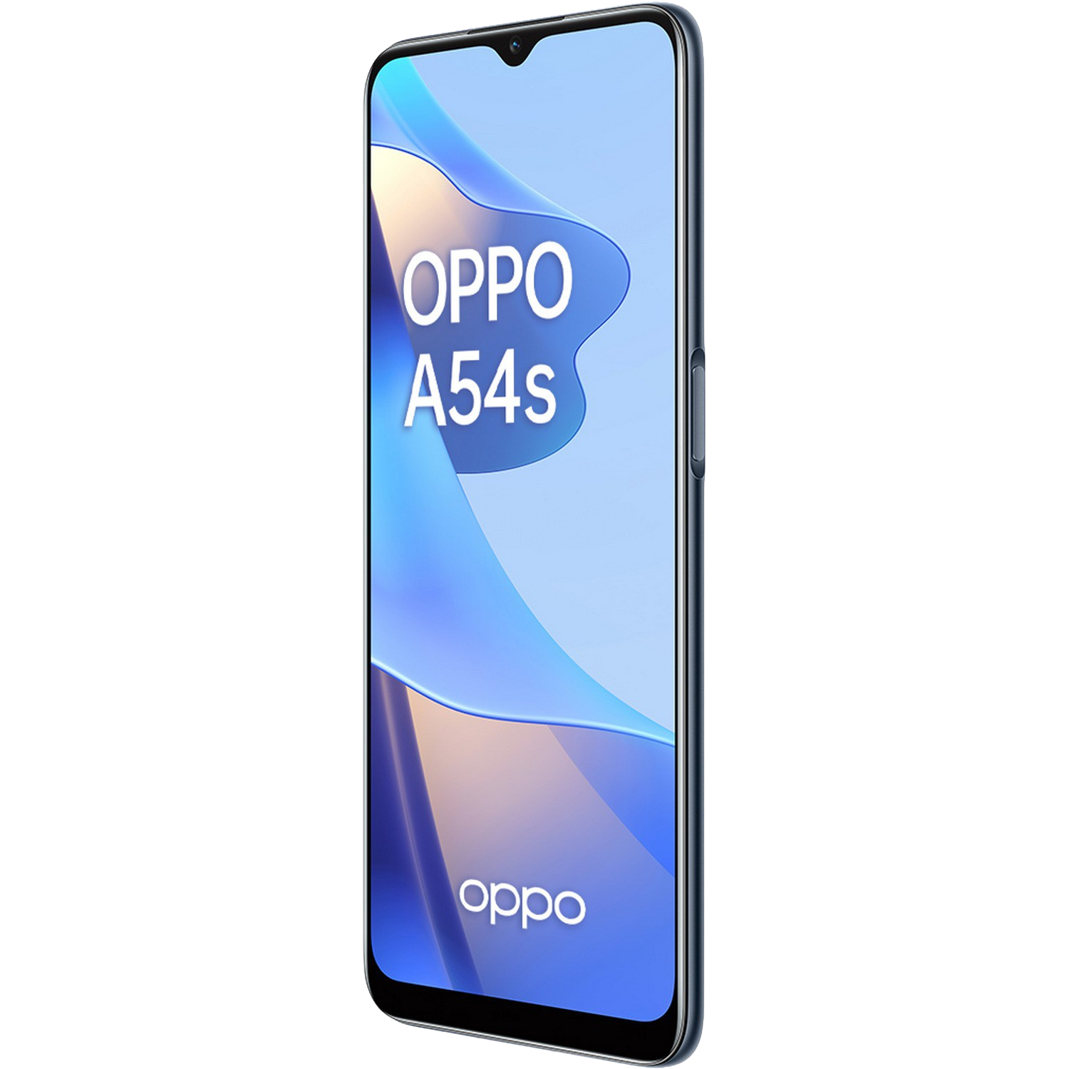 Teléfono azul con texto 'OPPO A54s' en pantalla, sobre fondo negro. Logotipo Oppo abajo.