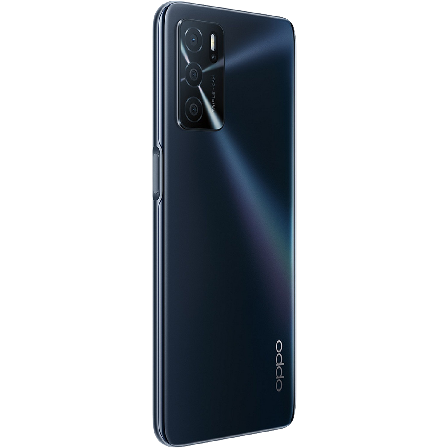Un smartphone OPPO azul oscuro, con una configuración de triple cámara. La parte trasera es brillante.