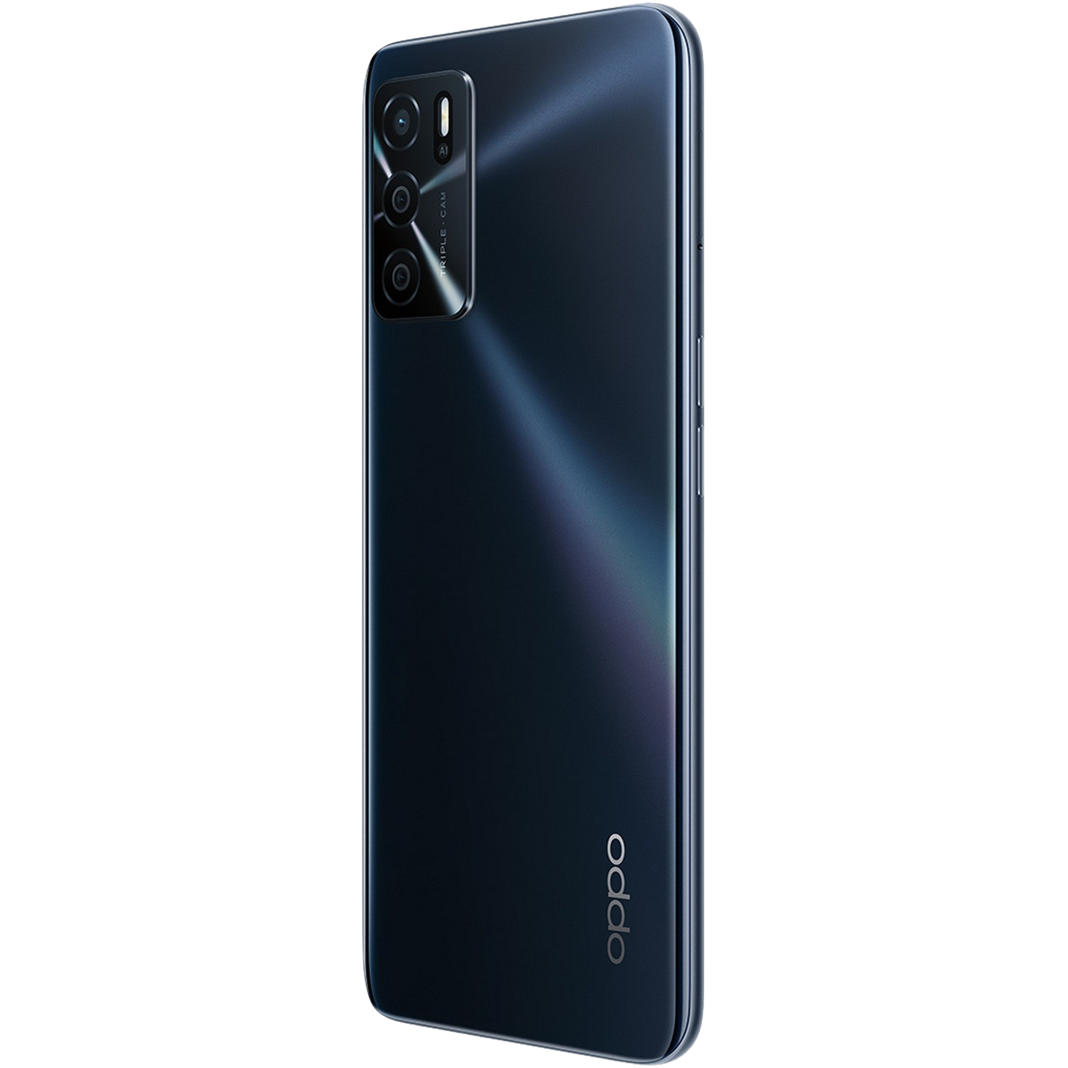 Smartphone azul oscuro con triple cámara y marca OPPO.