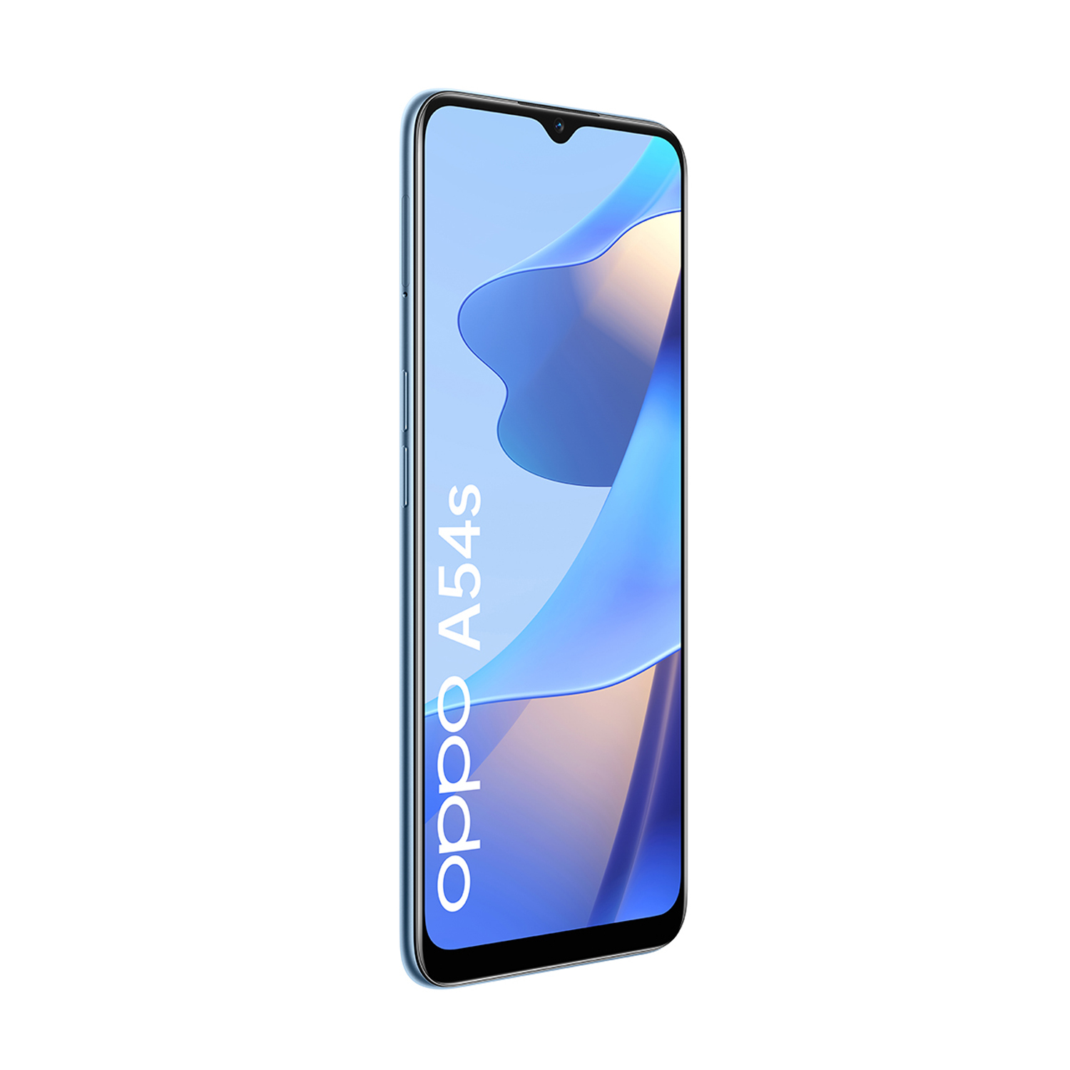 Un teléfono inteligente Oppo A54s azul. La pantalla muestra una imagen abstracta azul-amarilla.