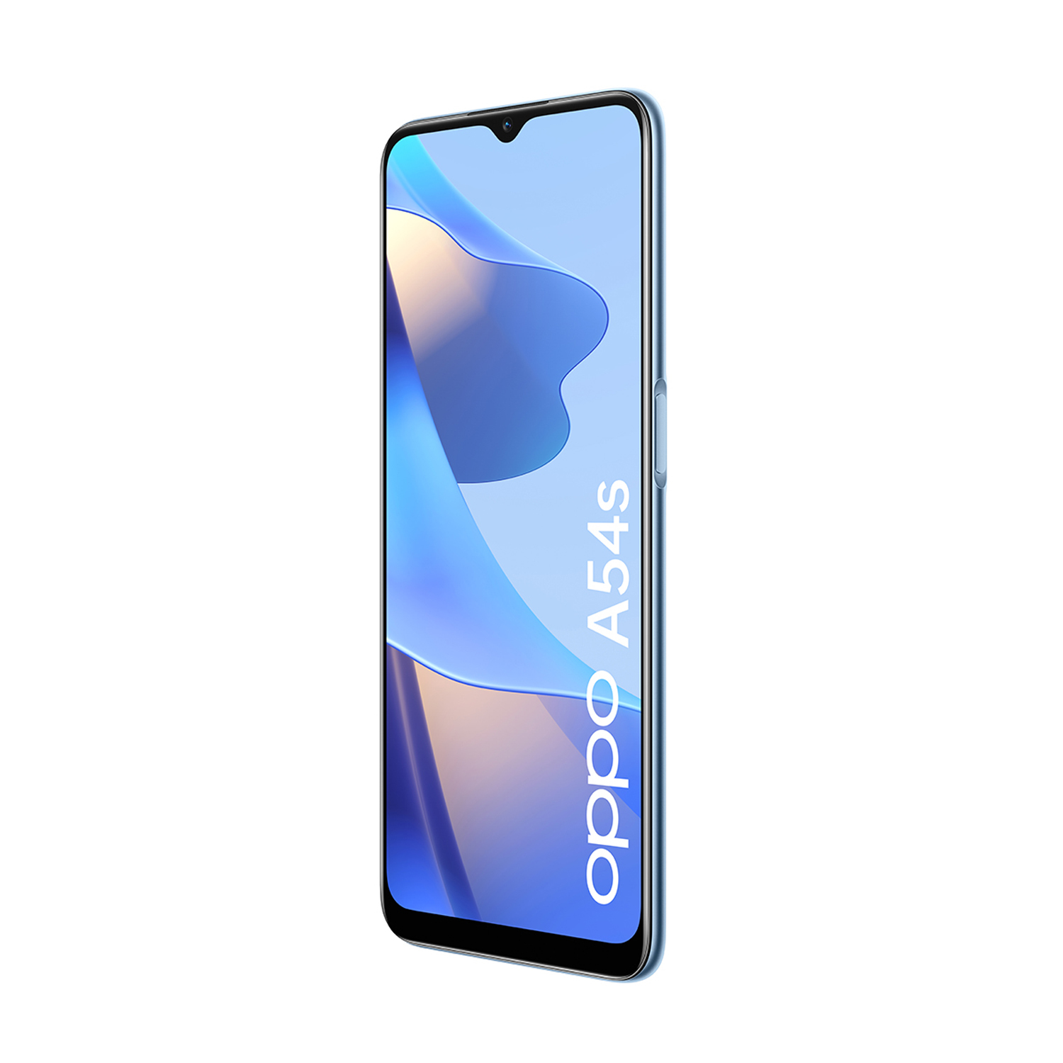 Smartphone Oppo A54s azul sobre fondo blanco. Pantalla muestra logo Oppo y modelo de teléfono.
