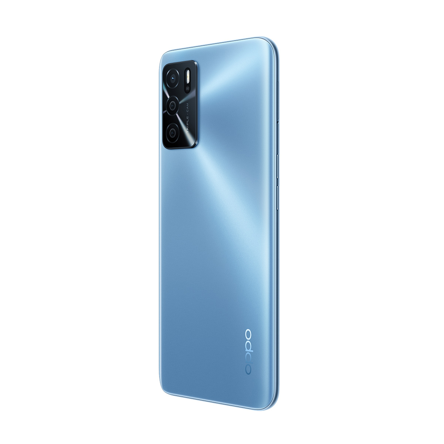 Un teléfono azul visto desde atrás, mostrando el logotipo de Oppo y el conjunto de cámaras, fondo blanco.