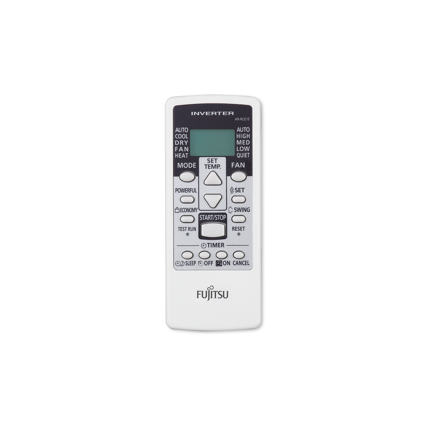 Mando a distancia Fujitsu blanco. Tiene botones para modo, ajustar temperatura, ventilador, temporizador, reposo y otros.