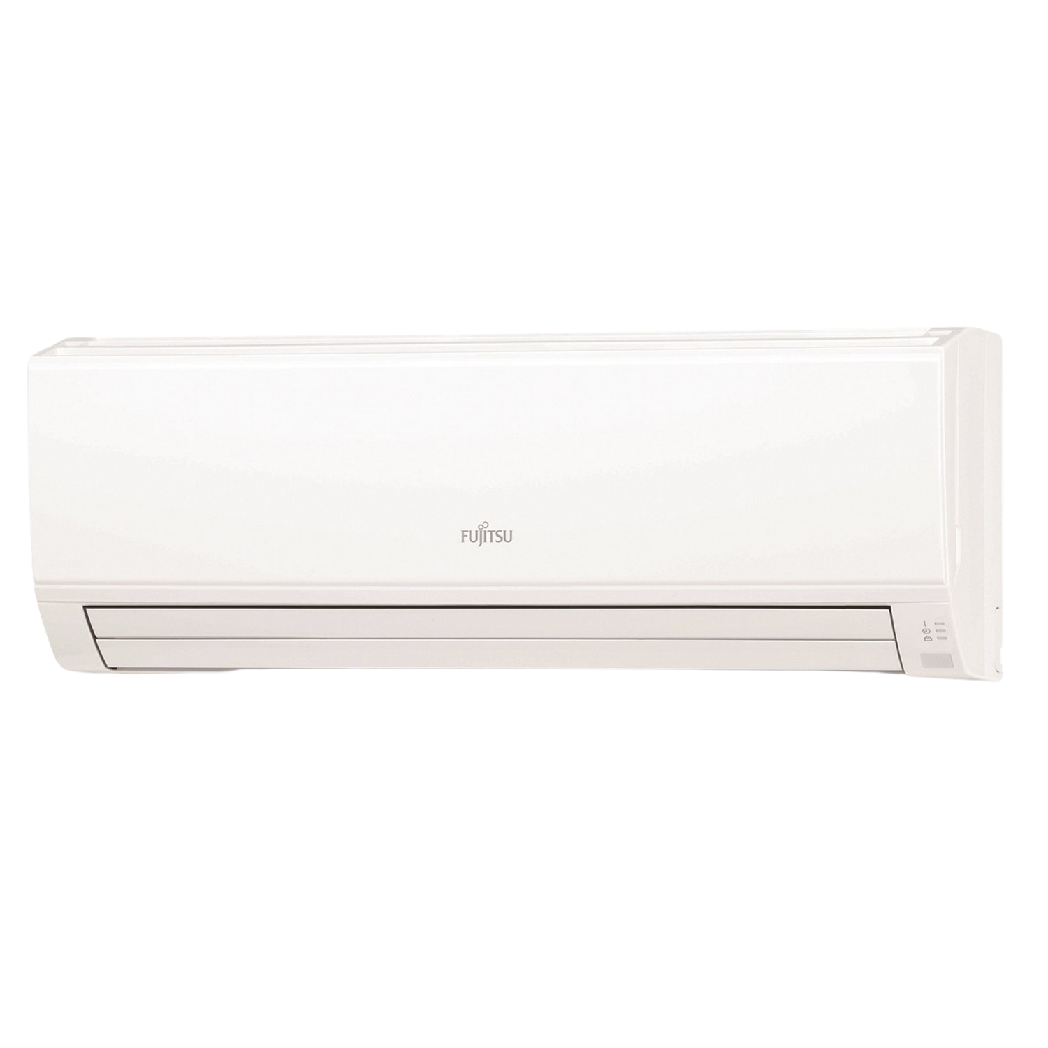 Aire acondicionado Fujitsu blanco montado en una pared. Tiene rejillas y una pantalla digital.