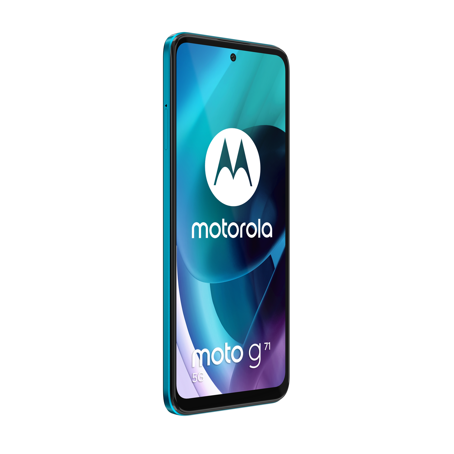 Smartphone Motorola moto g71 5G con marco turquesa sobre fondo negro.