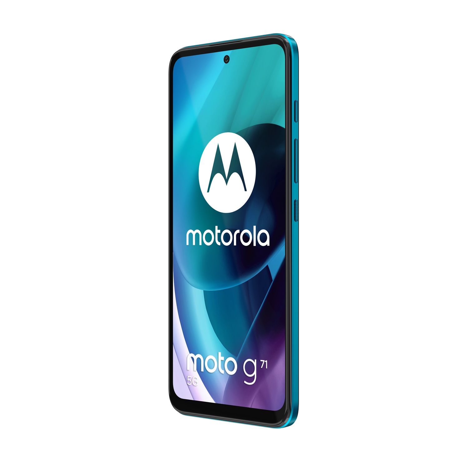 Un teléfono inteligente Motorola azul con un gran logotipo de Motorola en la pantalla. Fondo negro.