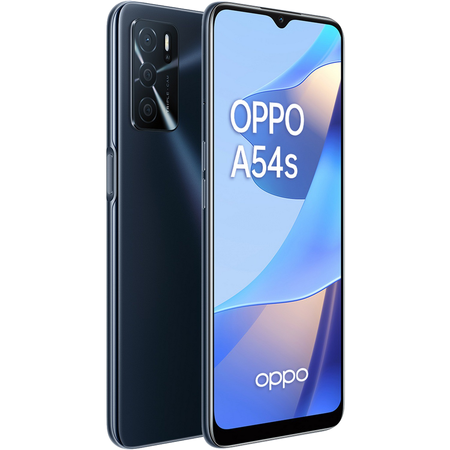 Teléfono azul oscuro con triple cámara. La pantalla muestra el texto "OPPO A54s".