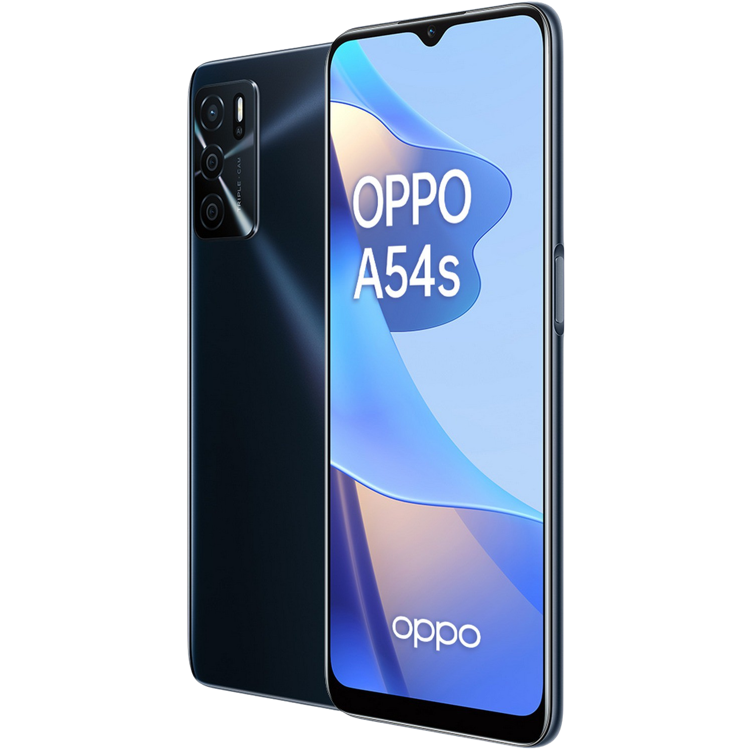Un smartphone Oppo A54s negro y azul, que muestra la pantalla con el logotipo de Oppo y triple cámara.