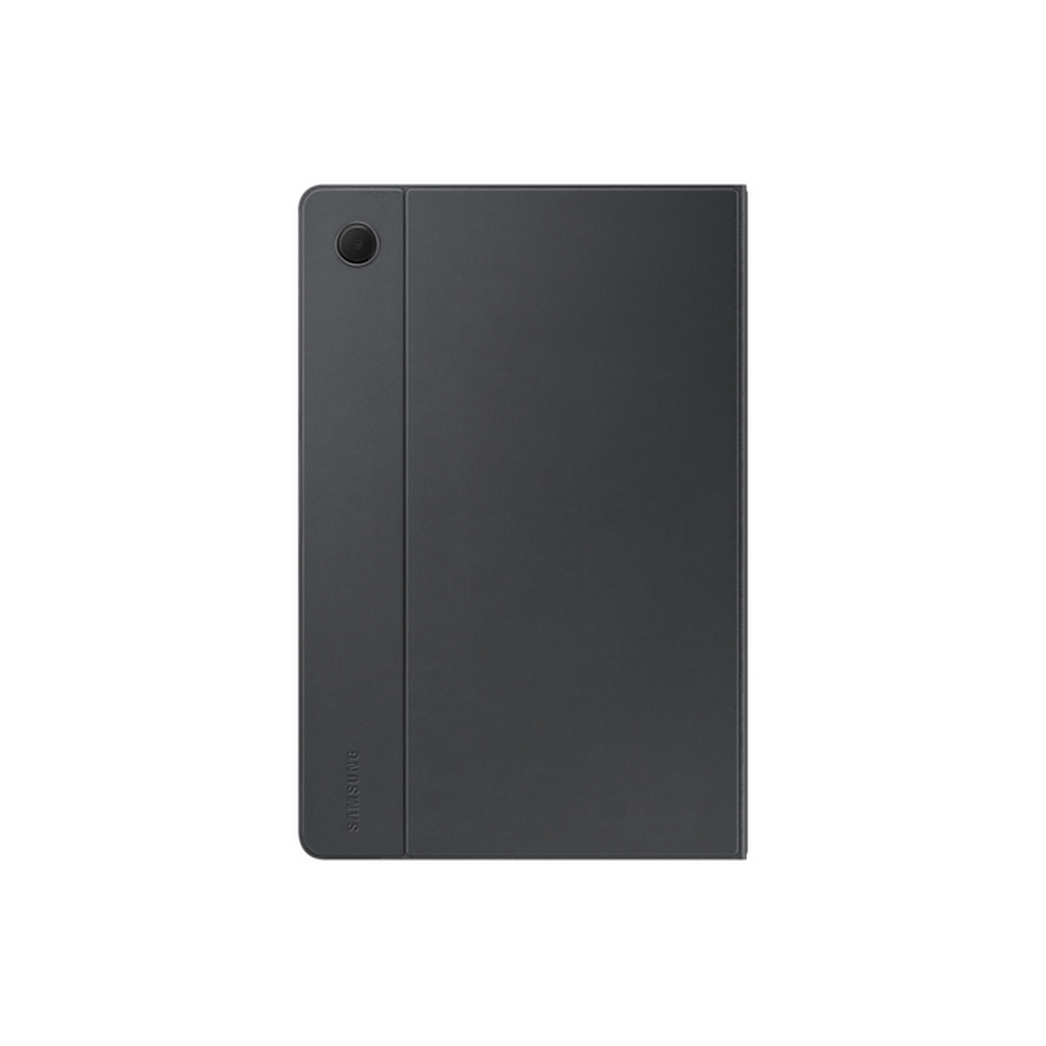 Una tableta gris oscuro, cerrada. El logotipo de Samsung está en la parte inferior izquierda.