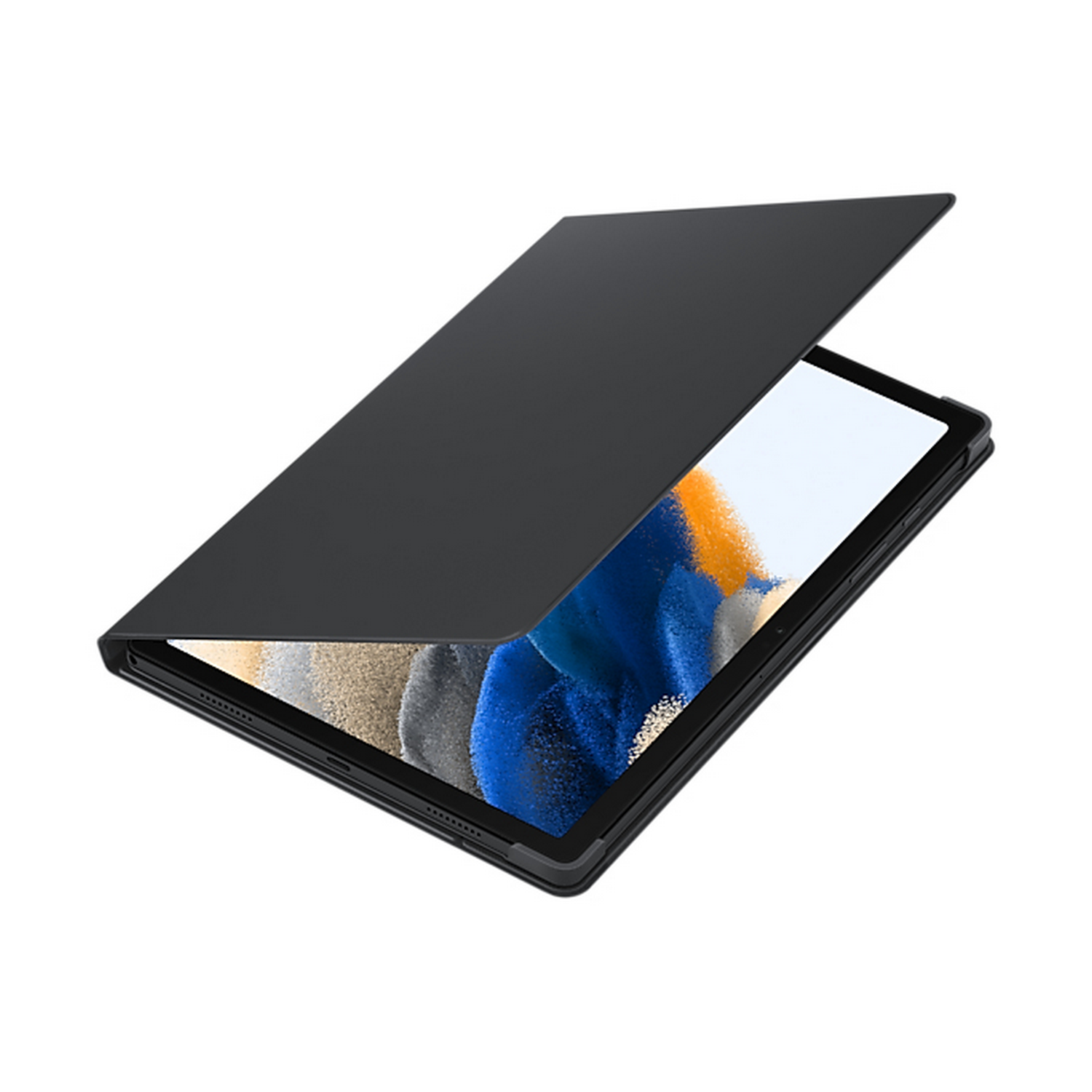 Tableta en funda negra, parcialmente abierta. Pantalla con imagen borrosa.