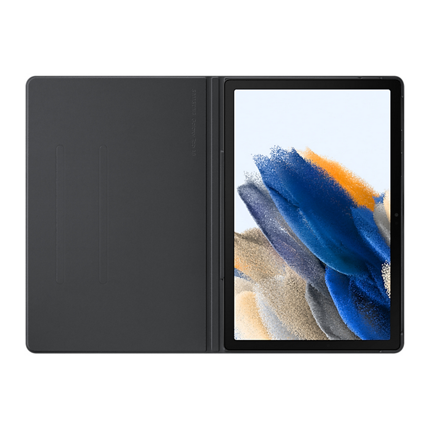 Una tableta en una funda gris oscura, abierta. La pantalla muestra una imagen abstracta colorida.