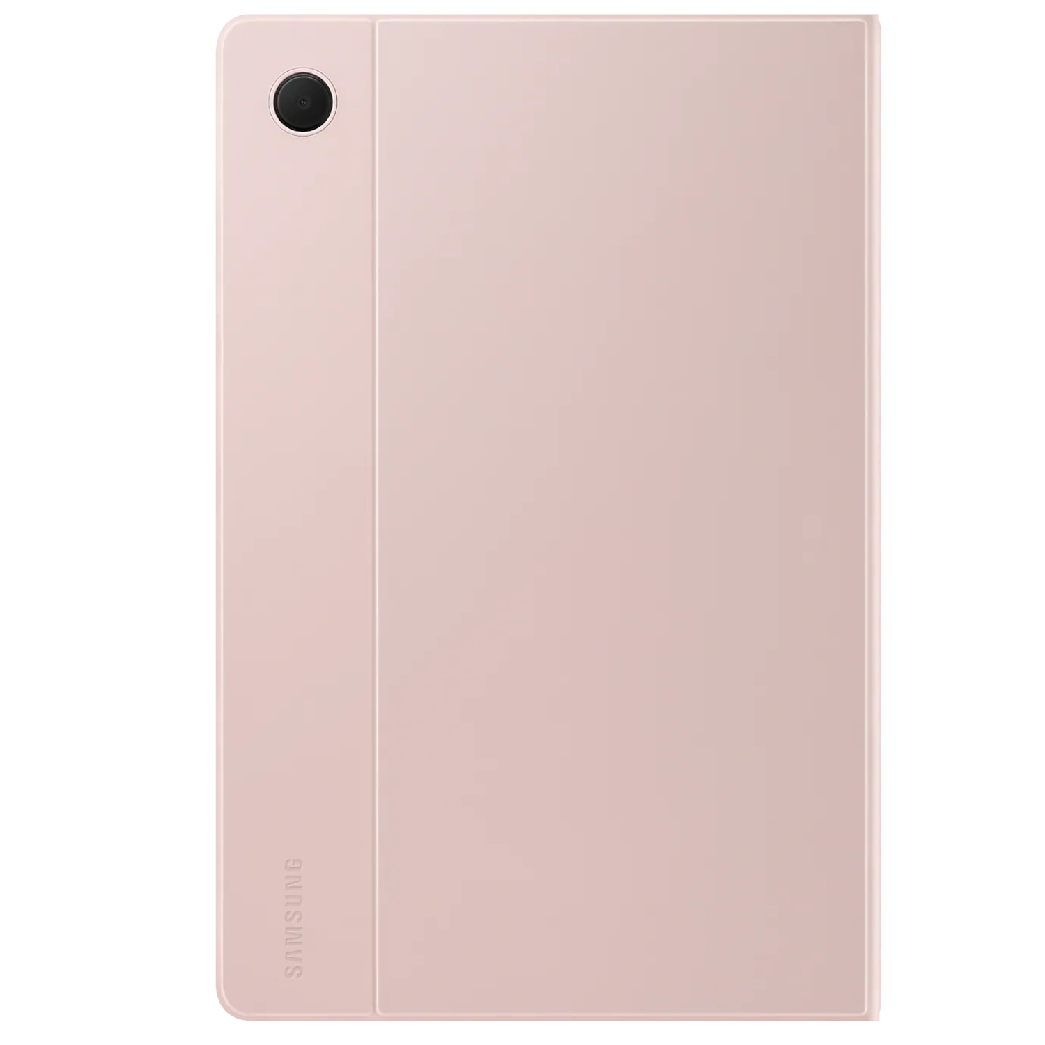 Funda de tableta rosa. Tiene una lente de cámara y un logotipo de Samsung.