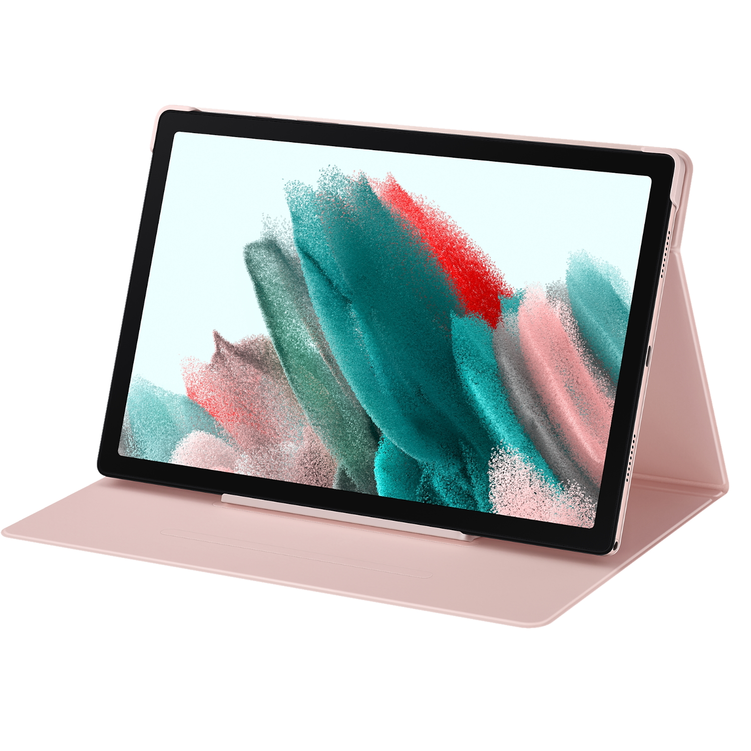 Una tableta en una funda rosa, abierta. La pantalla muestra un diseño abstracto y colorido. Fondo blanco.