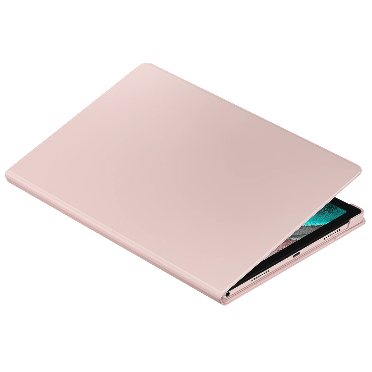 Tableta rosa en una funda rosa, ligeramente abierta. La pantalla es visible.