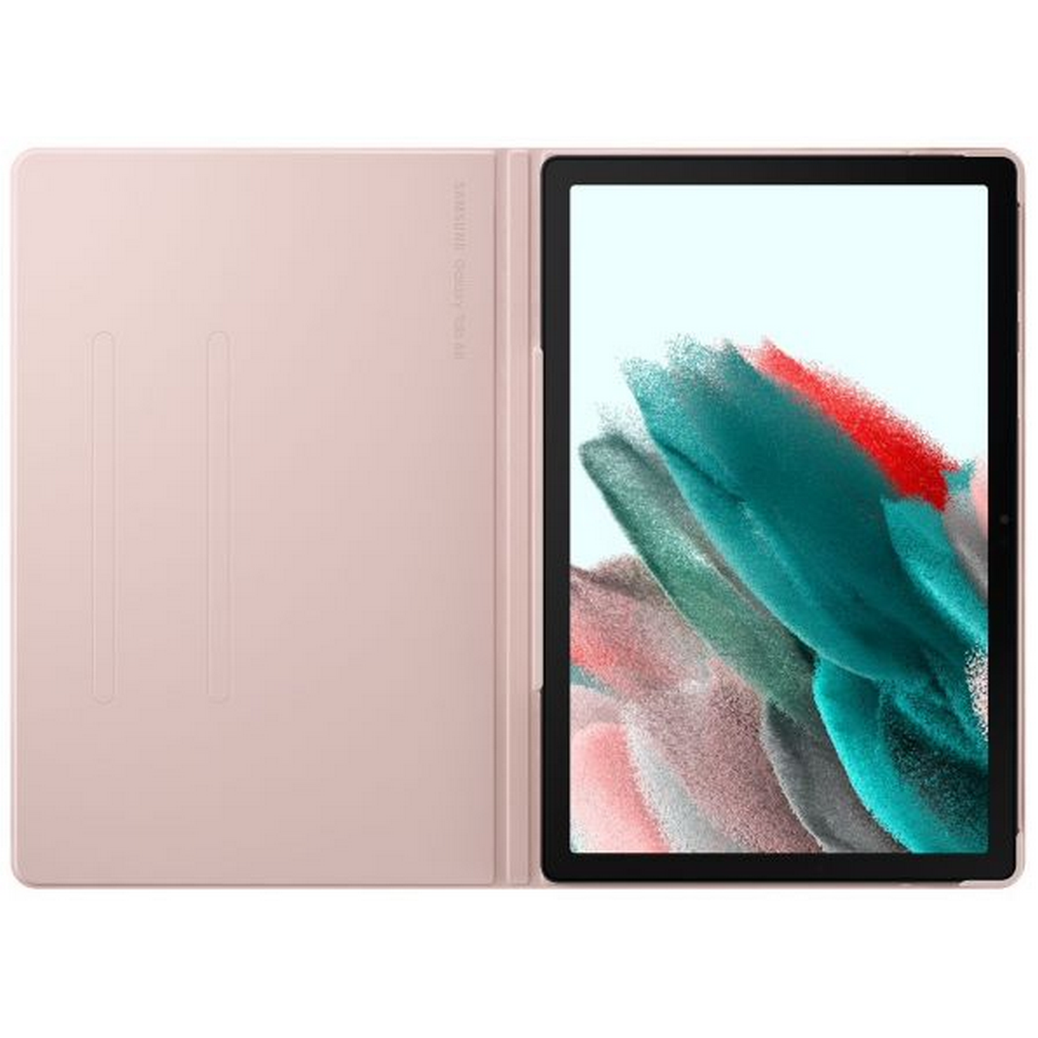 Tableta rosa con funda, abierta, mostrando arte abstracto colorido en pantalla.