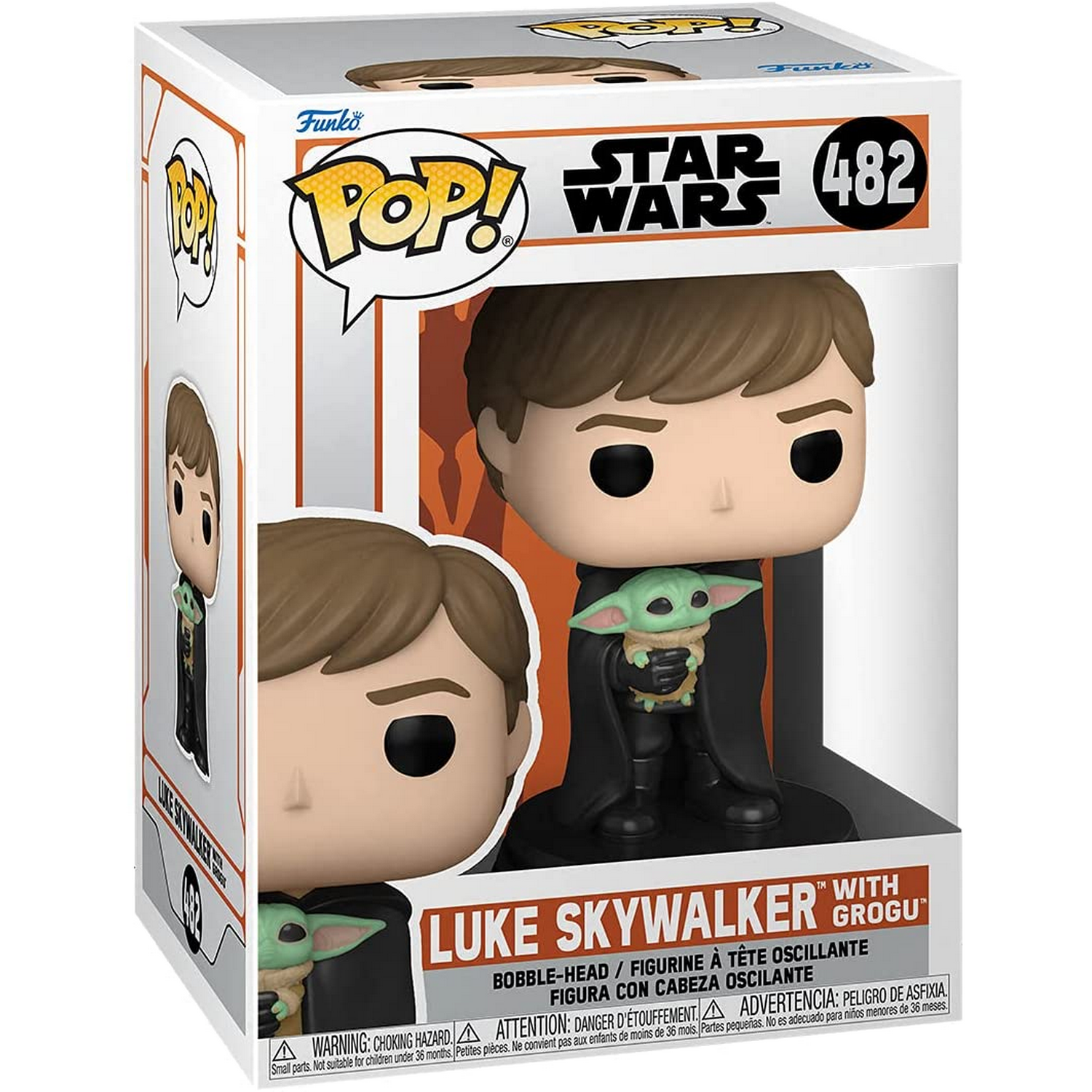 Figura Funko Pop! Star Wars en caja: Luke Skywalker con Grogu. La caja muestra la figura.