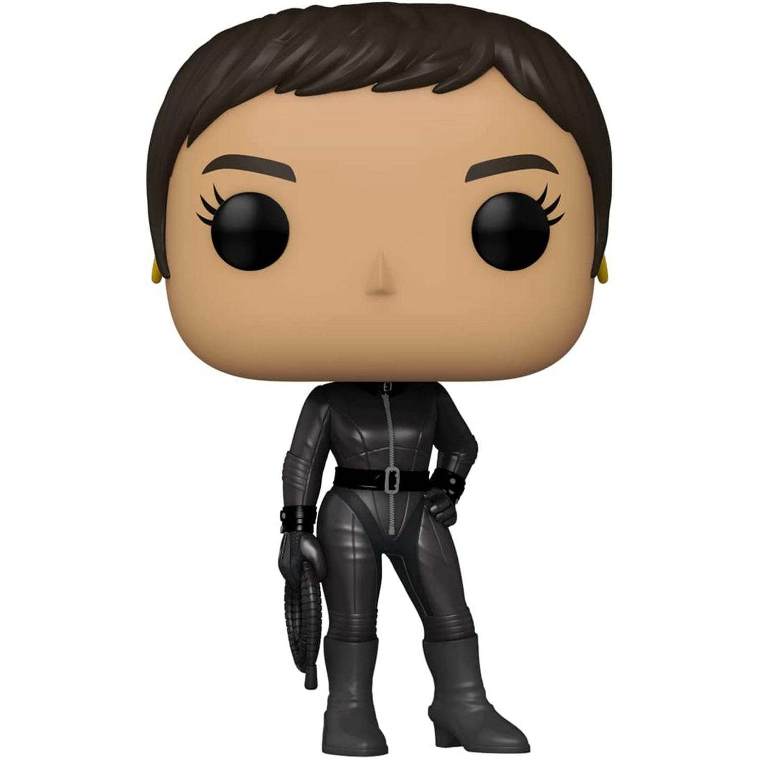 Una figura de Catwoman Funko Pop, con un traje de gato negro, sosteniendo un látigo.