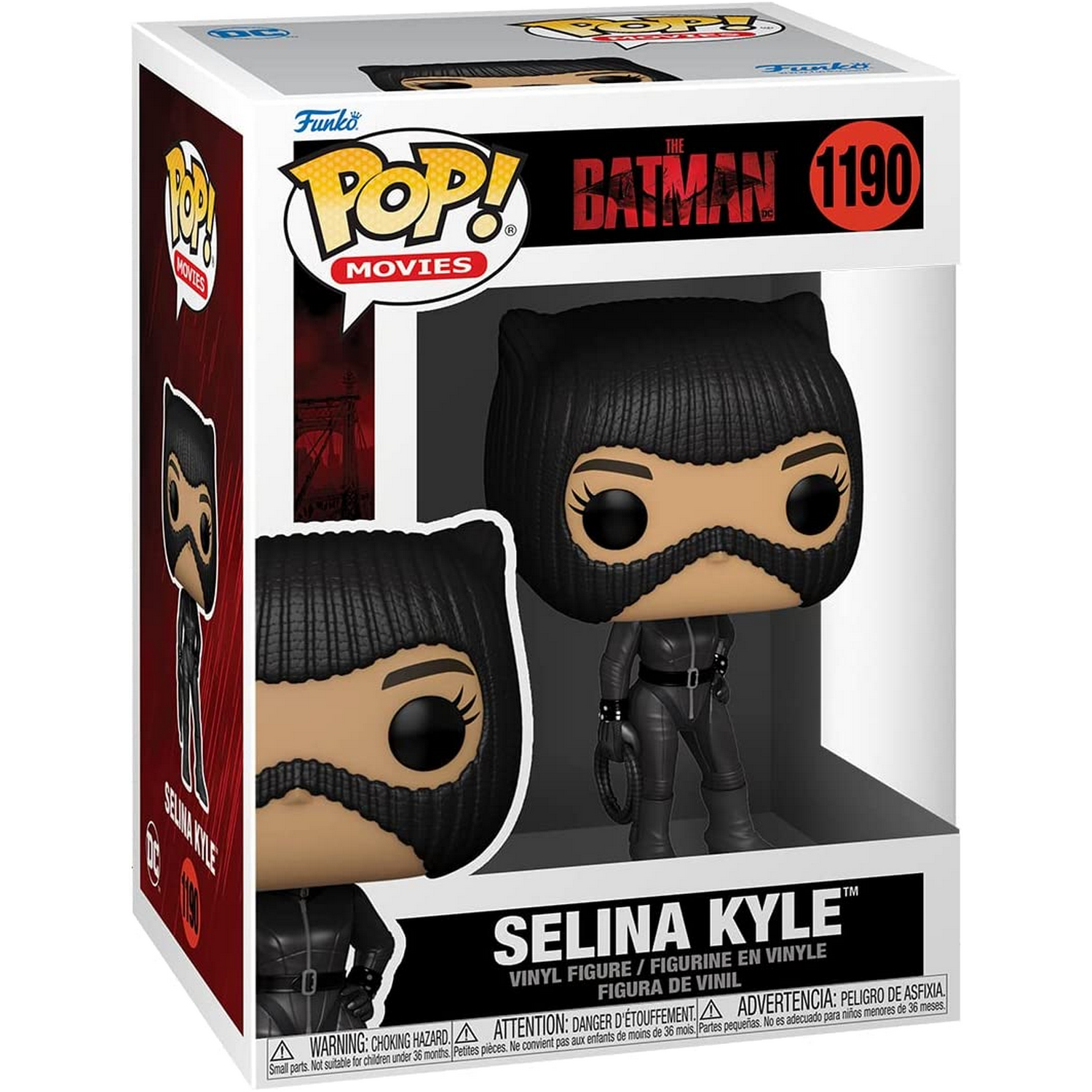Una figura Funko Pop de Selina Kyle (Catwoman) con un disfraz negro, en una caja de venta al por menor.