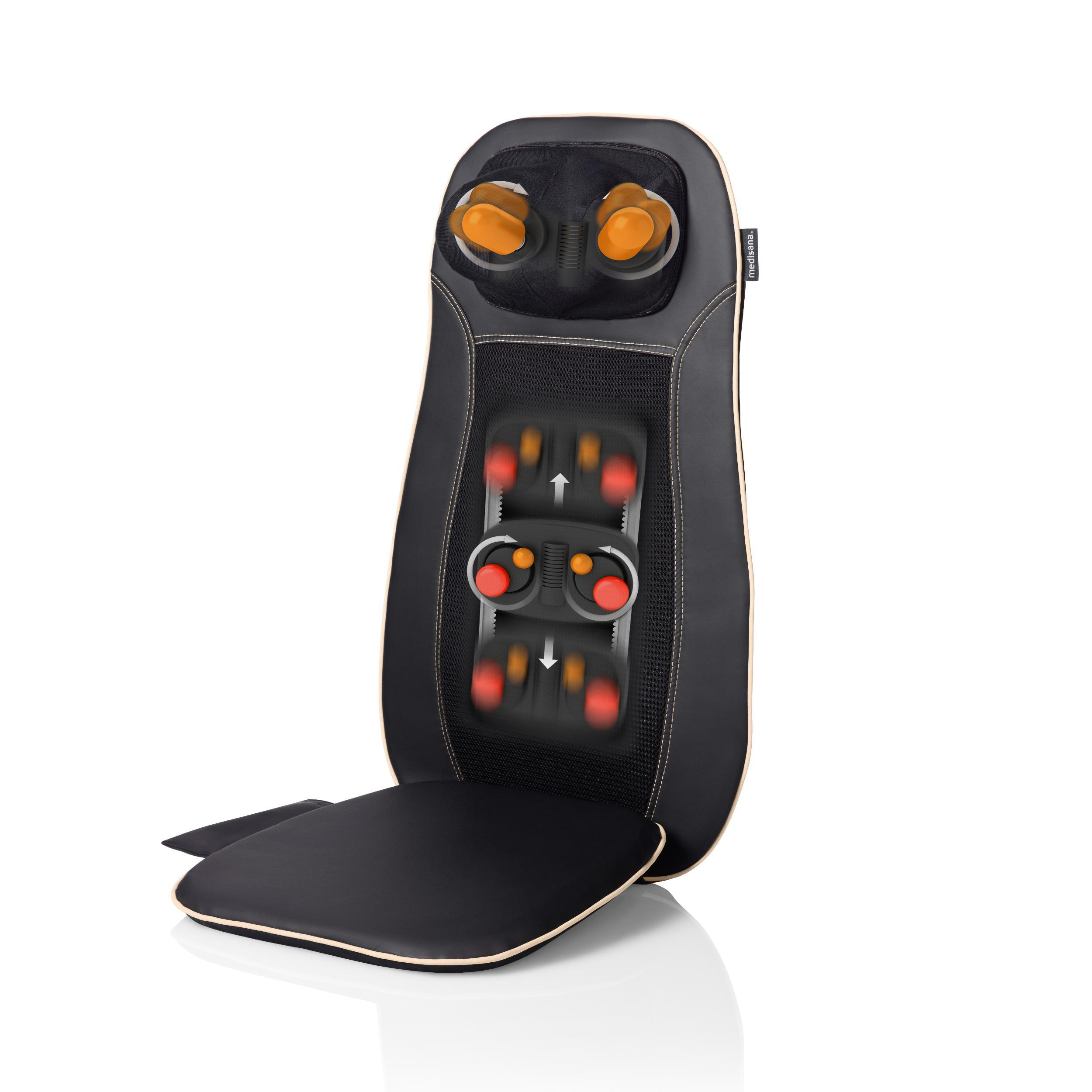 Schwarzes Massage-Sitzpolster mit orangefarbenen und roten Massageelementen.