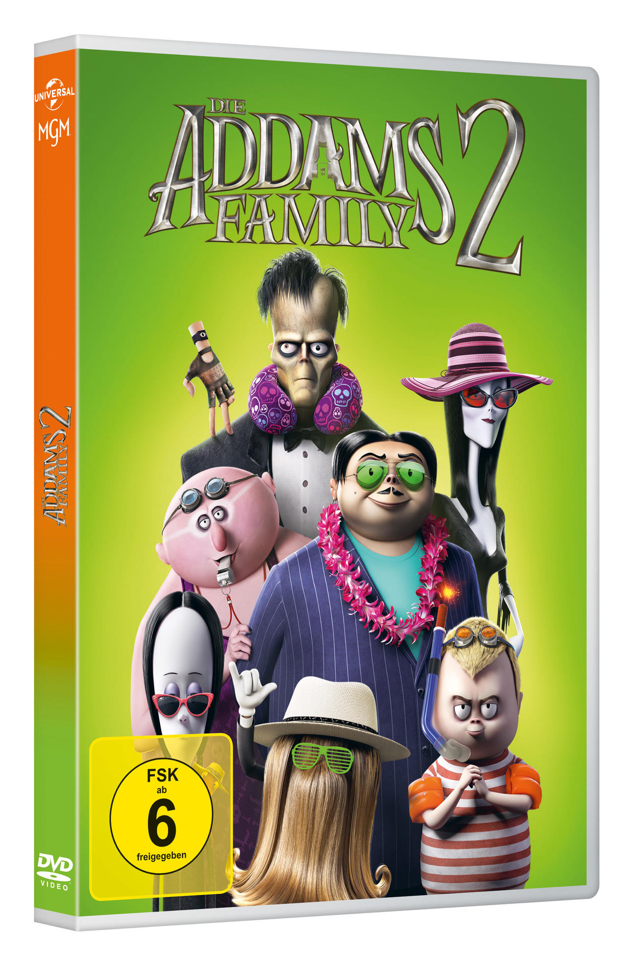 DVD-Cover von The Addams Family 2, mit Charakteren auf grünem Hintergrund.