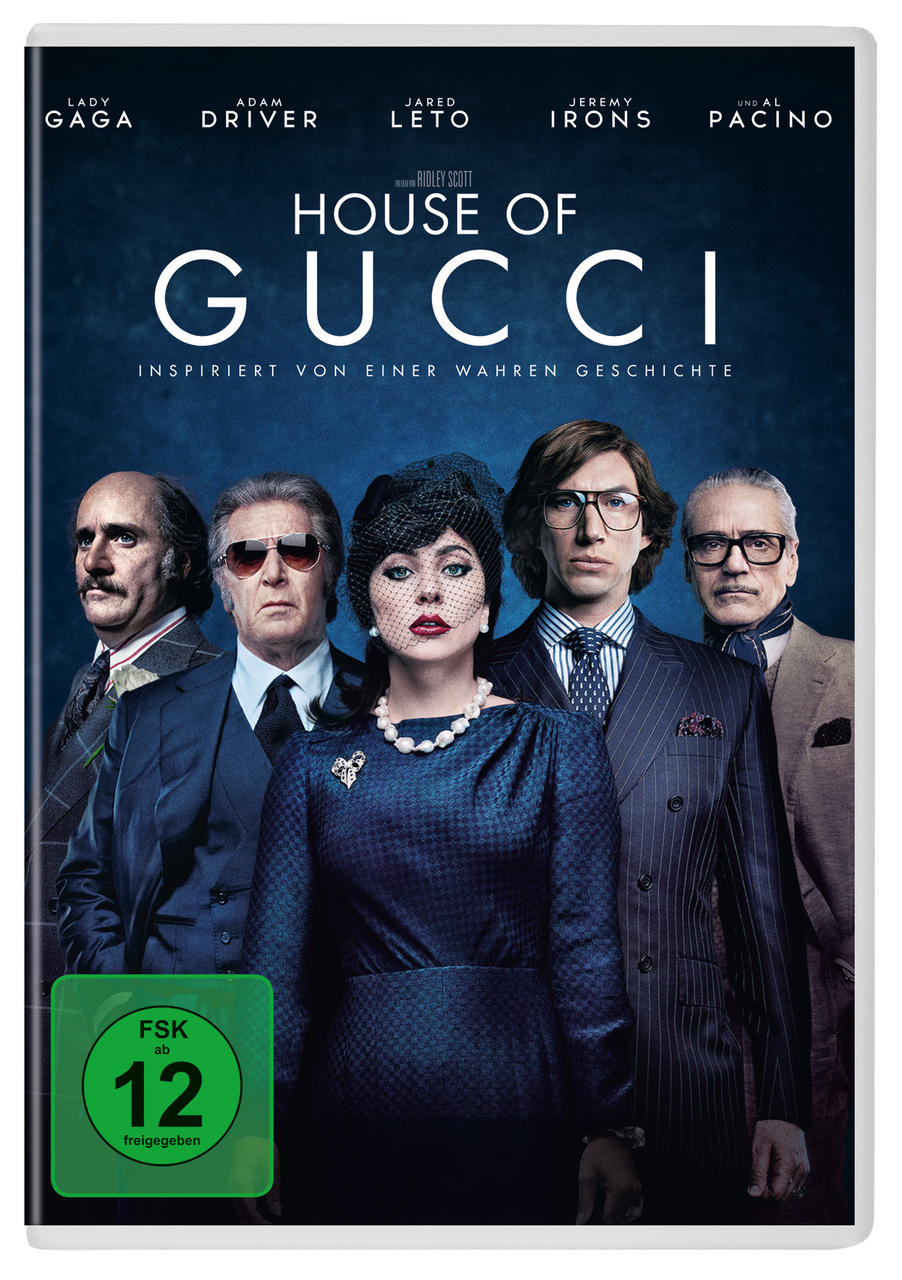 DVD-Cover mit Schauspielern: Lady Gaga, Adam Driver und andere. Titel: House of Gucci. Deutsche Bewertung.