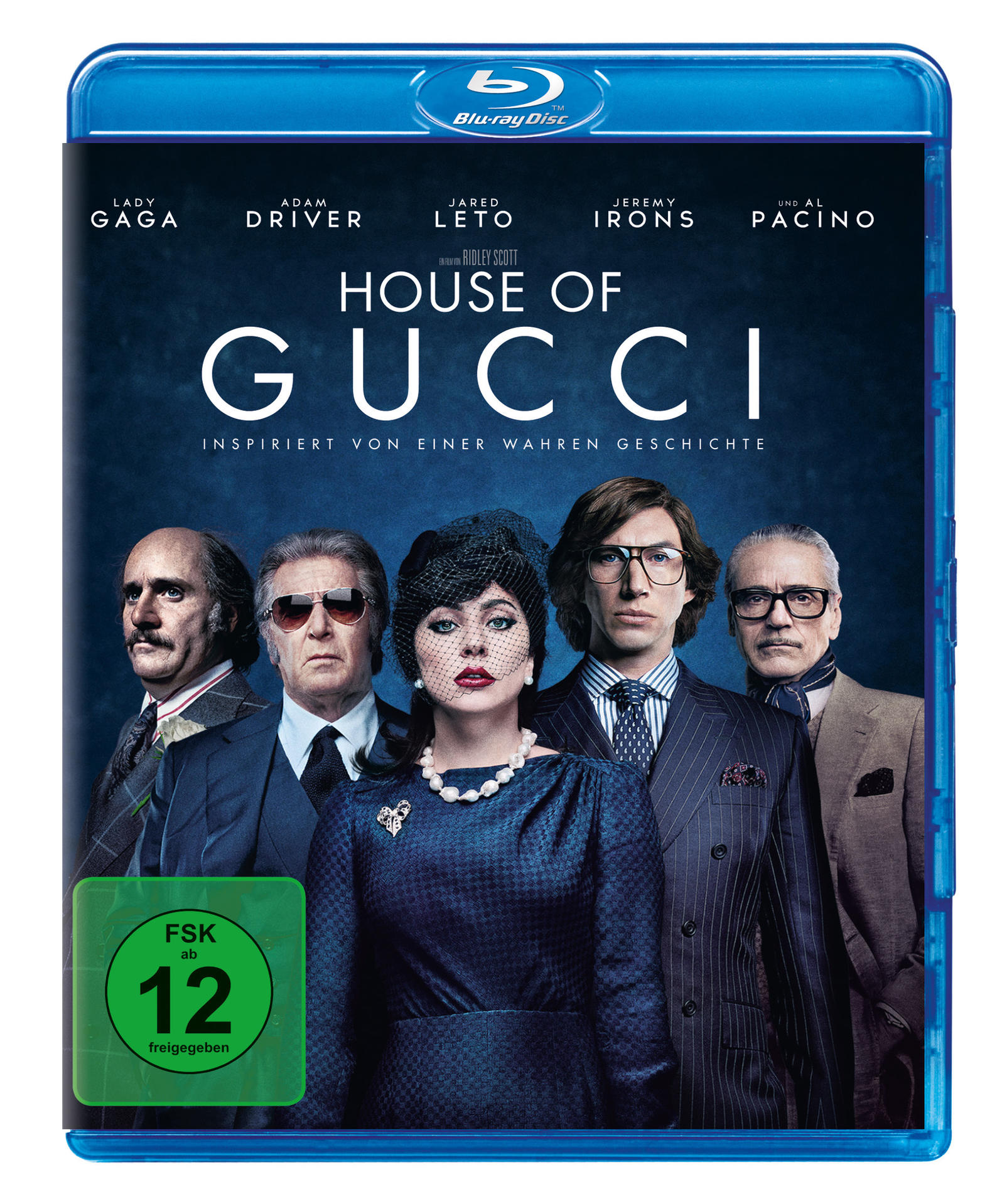 Blu-ray-Disc-Cover für den Film House of Gucci, mit den Schauspielern Lady Gaga, Adam Driver und Al Pacino.