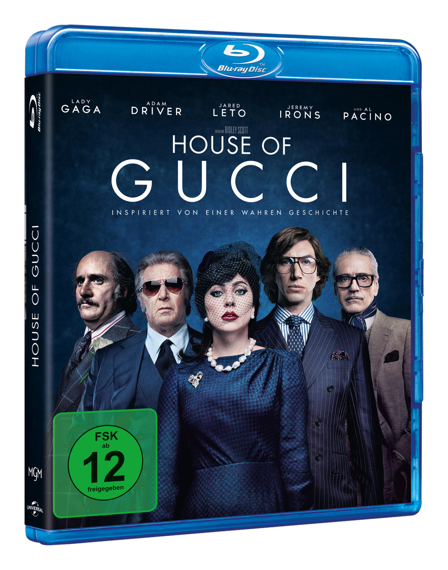 Blu-ray-Disc von House of Gucci. Schauspieler sind auf dem Cover abgebildet.
