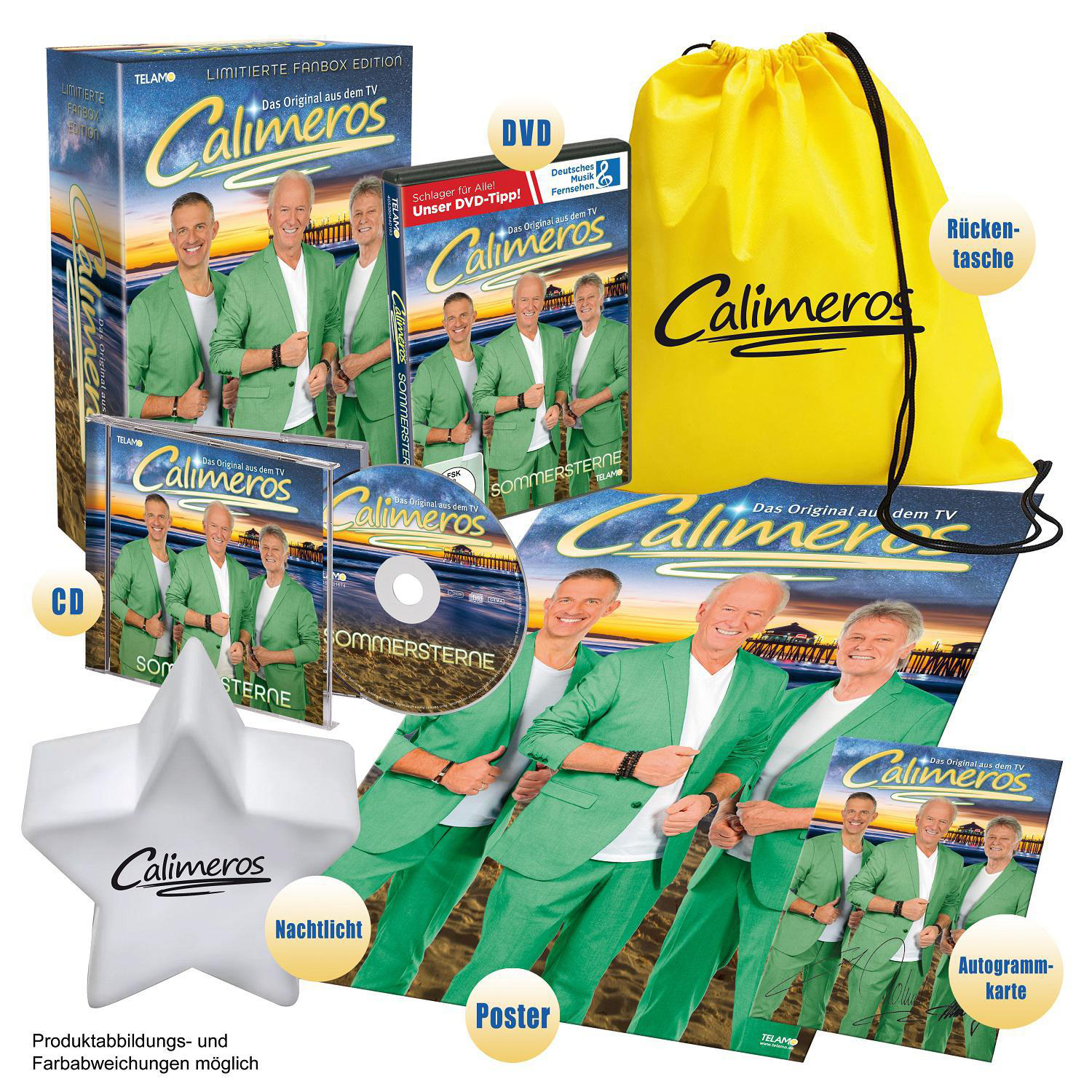 Eine Sammlung von Calimeros-Merchandise, darunter DVDs, CDs, ein sternförmiges Licht und Poster.