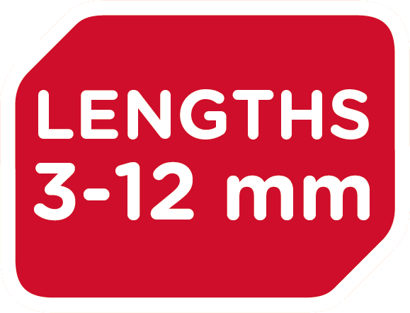 Rotes Etikett mit Text: LÄNGEN 3-12 mm. Weißer Hintergrund.